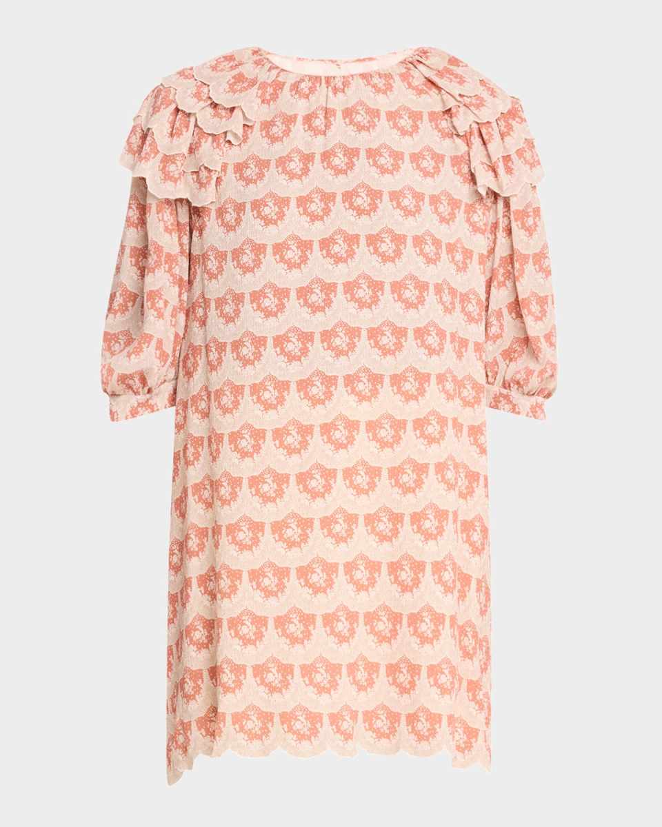 Floral Ruffled Scallop Silk Mini Dress